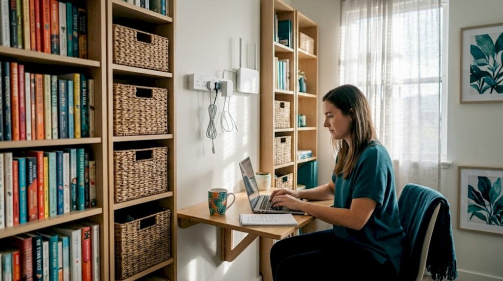 Woman working at vertical storage home office