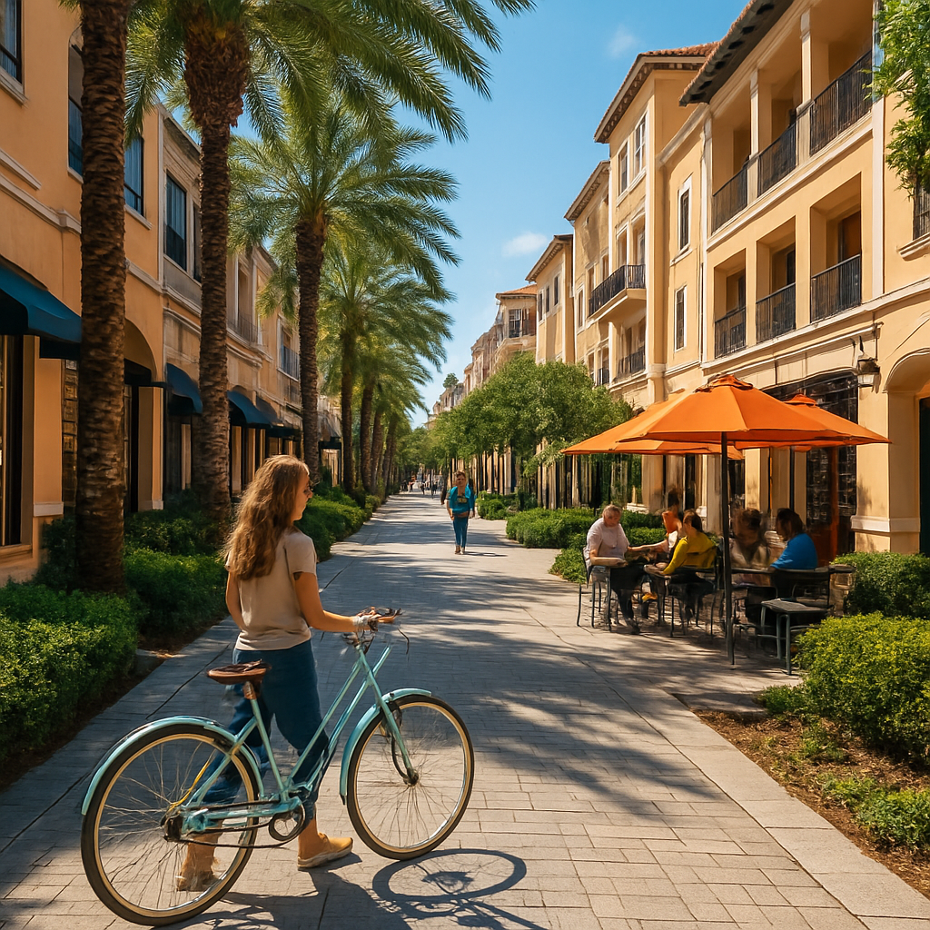 A woman with a blue bicycle stands on a sunny, palm tree-lined street with people dining at outdoor tables under orange umbrellas beside Mediterranean-style buildings.