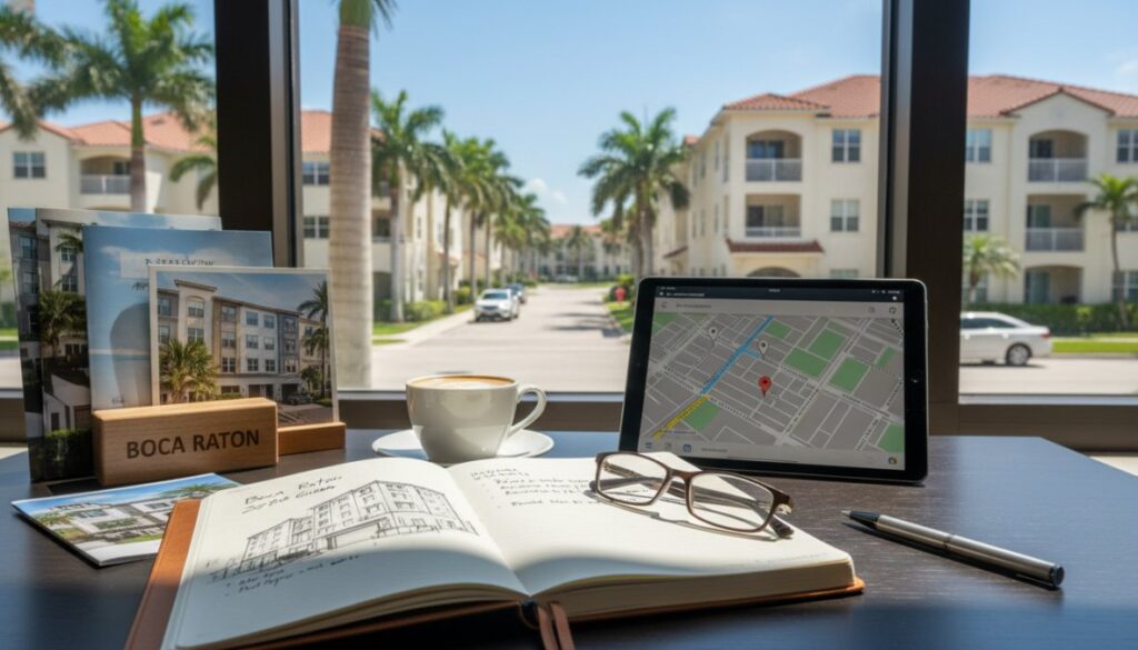 A desk with an open notebook, glasses, a pen, a cup of coffee, brochures, a "Boca Raton" sign, and a tablet showing an Apartments for Rent 2026 Guide map, set by a window overlooking palm trees and apartment buildings.