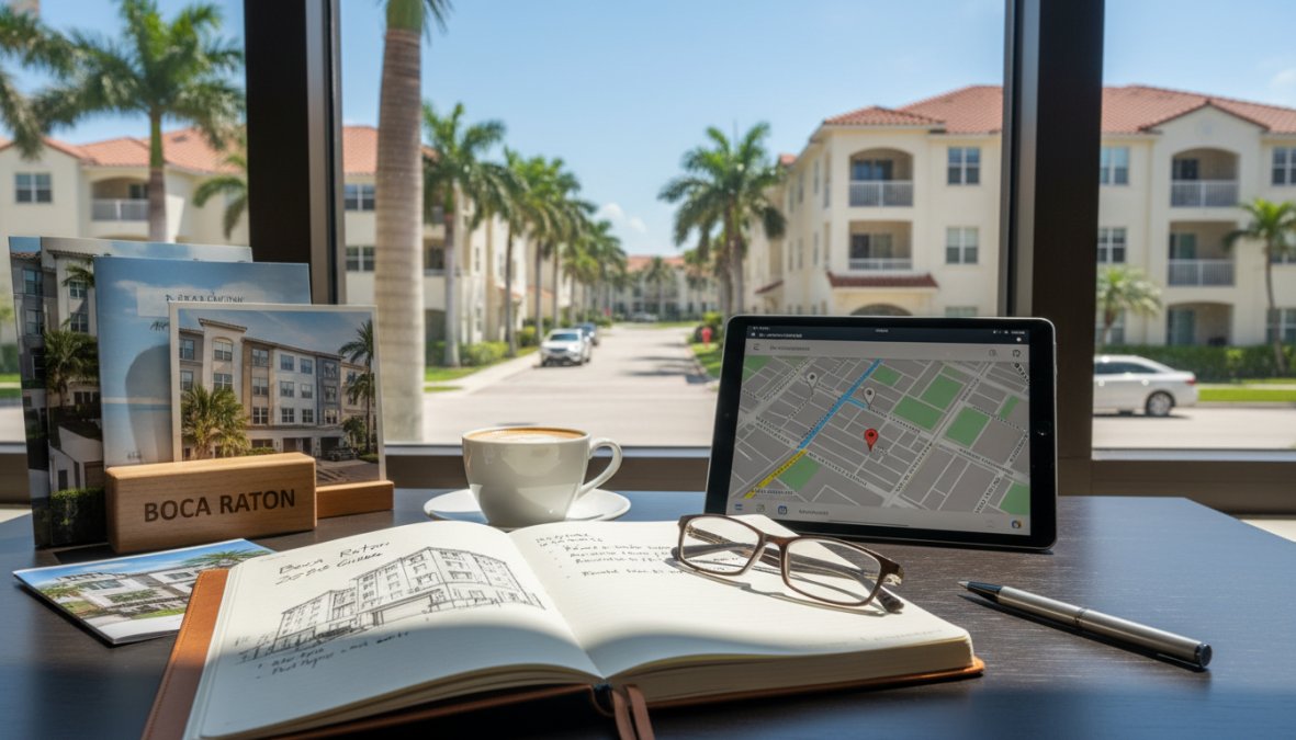 A desk with an open notebook, glasses, a pen, a cup of coffee, brochures, a "Boca Raton" sign, and a tablet showing an Apartments for Rent 2026 Guide map, set by a window overlooking palm trees and apartment buildings.