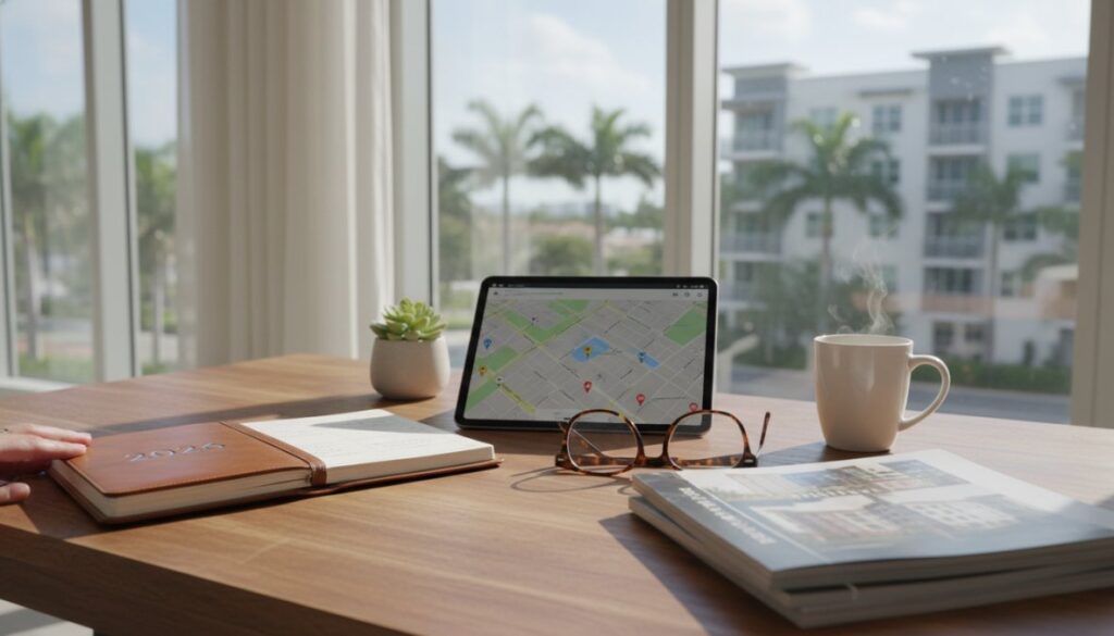 A wooden desk with a planner, notebook, glasses, and a tablet displaying a map—perfect for planning your Boca Raton Apartments search. A steaming mug, small plant, and magazine complete the setting as palm trees and apartments fill the view outside.