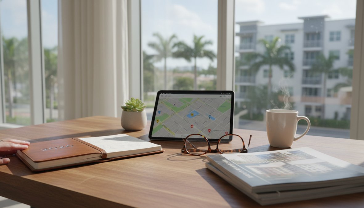 A wooden desk with a planner, notebook, glasses, and a tablet displaying a map—perfect for planning your Boca Raton Apartments search. A steaming mug, small plant, and magazine complete the setting as palm trees and apartments fill the view outside.