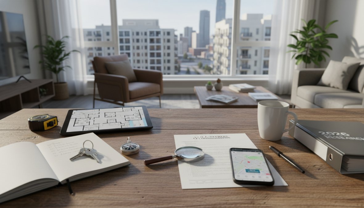 A modern apartment office with a desk holding keys, a floor plan, a notepad, a smartphone, and a binder labeled "2026 SCHEDULE." Large windows reveal the city skyline—perfect for your apartment search or exploring 2026 rental apartments.