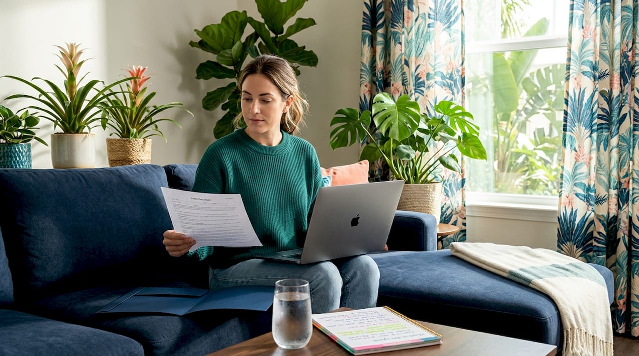 Woman reviewing rent paperwork in apartment