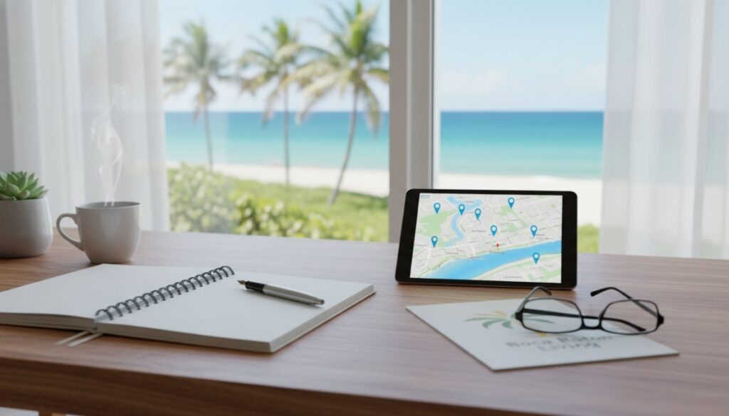 A desk with a notebook, pen, plant, and a smartphone displaying a map, set by a window overlooking a tropical beach—perfect for planning your 2026 Guide or searching Boca Raton Apartments.
