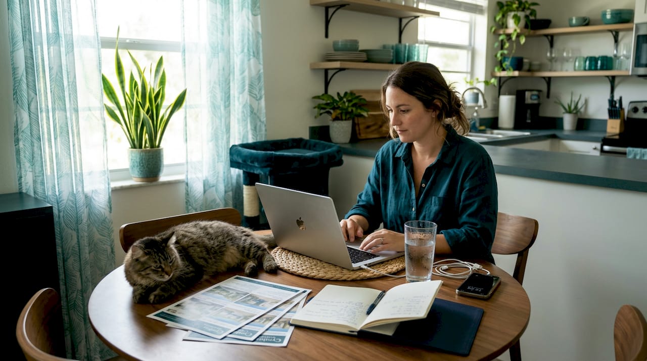 Woman searching apartment listings with cat nearby