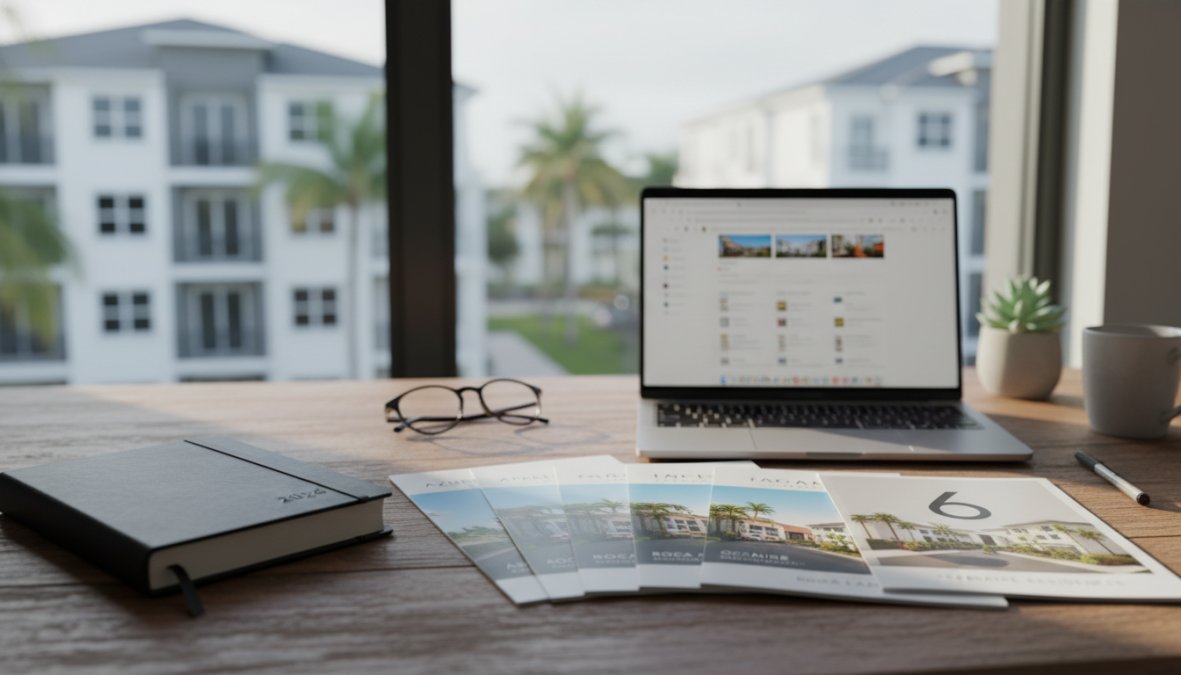 A wooden desk with a notebook, eyeglasses, pamphlets, a pen, a small potted plant, and an open laptop displaying top rated apartments in Boca Raton. Outside the window are modern apartment buildings and palm trees.