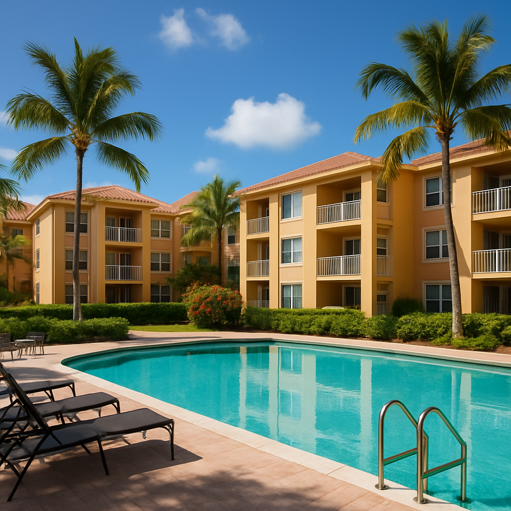 A clear swimming pool surrounded by lounge chairs sits in front of yellow, three-story apartment buildings with balconies and palm trees under a blue sky with scattered clouds.