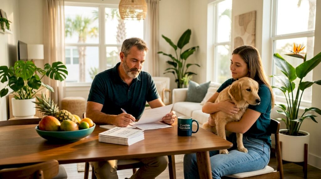 Landlord conducts pet screening with tenant and dog