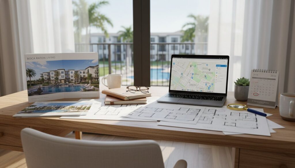 A desk by a window holds architectural floor plans, a laptop displaying a map, a calendar, a plant, glasses, and the 2026 apartment guide for Boca Raton apartments. Outside, palm trees and an apartment complex are visible.