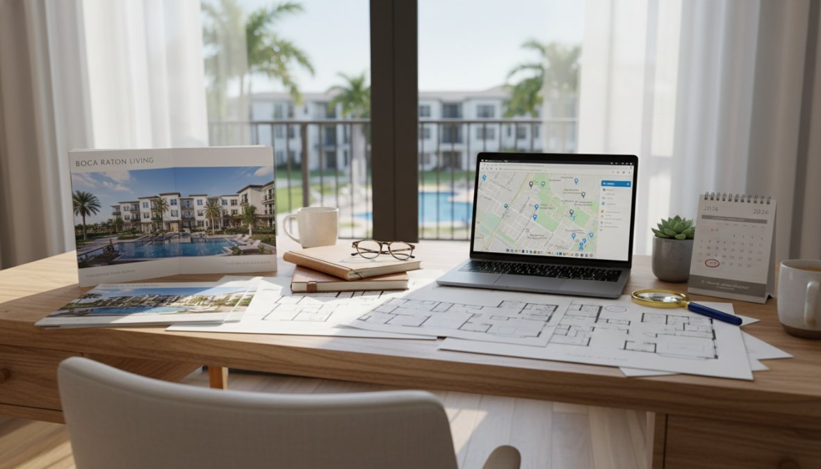 A desk by a window holds architectural floor plans, a laptop displaying a map, a calendar, a plant, glasses, and the 2026 apartment guide for Boca Raton apartments. Outside, palm trees and an apartment complex are visible.