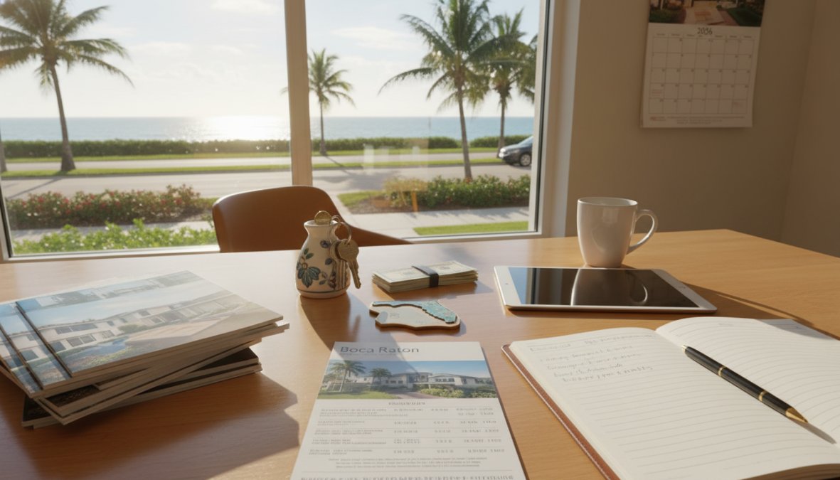 A desk with property brochures, a notebook, pen, tablet, mug, and decorative ceramic jar sits by a window overlooking the road, palm trees, and ocean under a sunny sky—perfect for planning your move or tracking Boca Raton rental cost. Calendar hangs on the right.