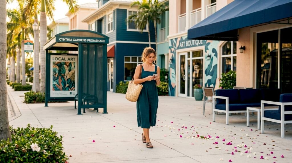Woman walking on city sidewalk in urban neighborhood