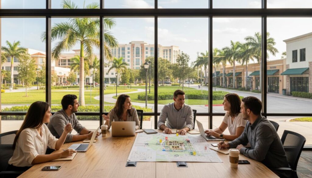 Six professionals sit around a conference table with laptops and documents, discussing a map. Large windows reveal palm trees and buildings under a sunny sky, giving the meeting room a bright, open feel—ideal for planning with the 2026 Guide to Living Near FAU.