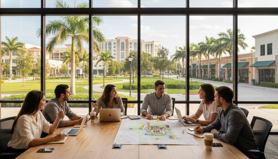 Six professionals sit around a conference table with laptops and documents, discussing a map. Large windows reveal palm trees and buildings under a sunny sky, giving the meeting room a bright, open feel—ideal for planning with the 2026 Guide to Living Near FAU.