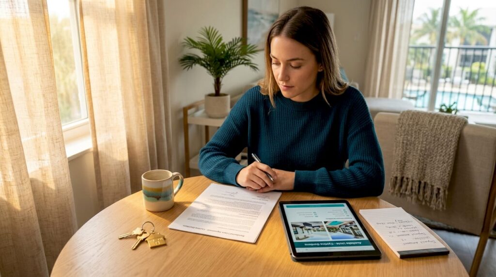 Renter reading lease at kitchen table