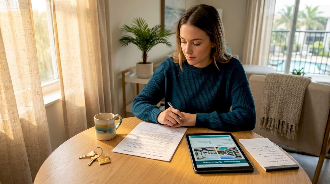 Renter reading lease at kitchen table