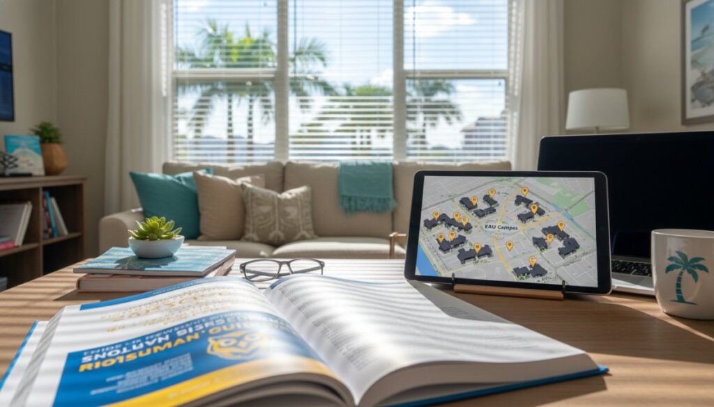 A cozy home office with an open book, a tablet displaying a campus map, and a coffee mug with a palm tree sits on the desk—a perfect spot to plan your Boca Raton Apartments search or browse the FAU 2026 Guide as sunlight streams through windows lined with palm trees.
