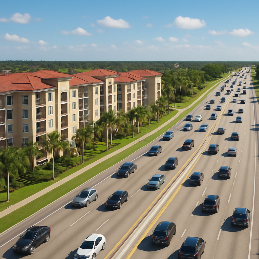 A busy multi-lane highway runs alongside an apartment complex with palm trees, under a sunny blue sky with scattered clouds. Cars are traveling in both directions, and greenery lines the median and roadside.