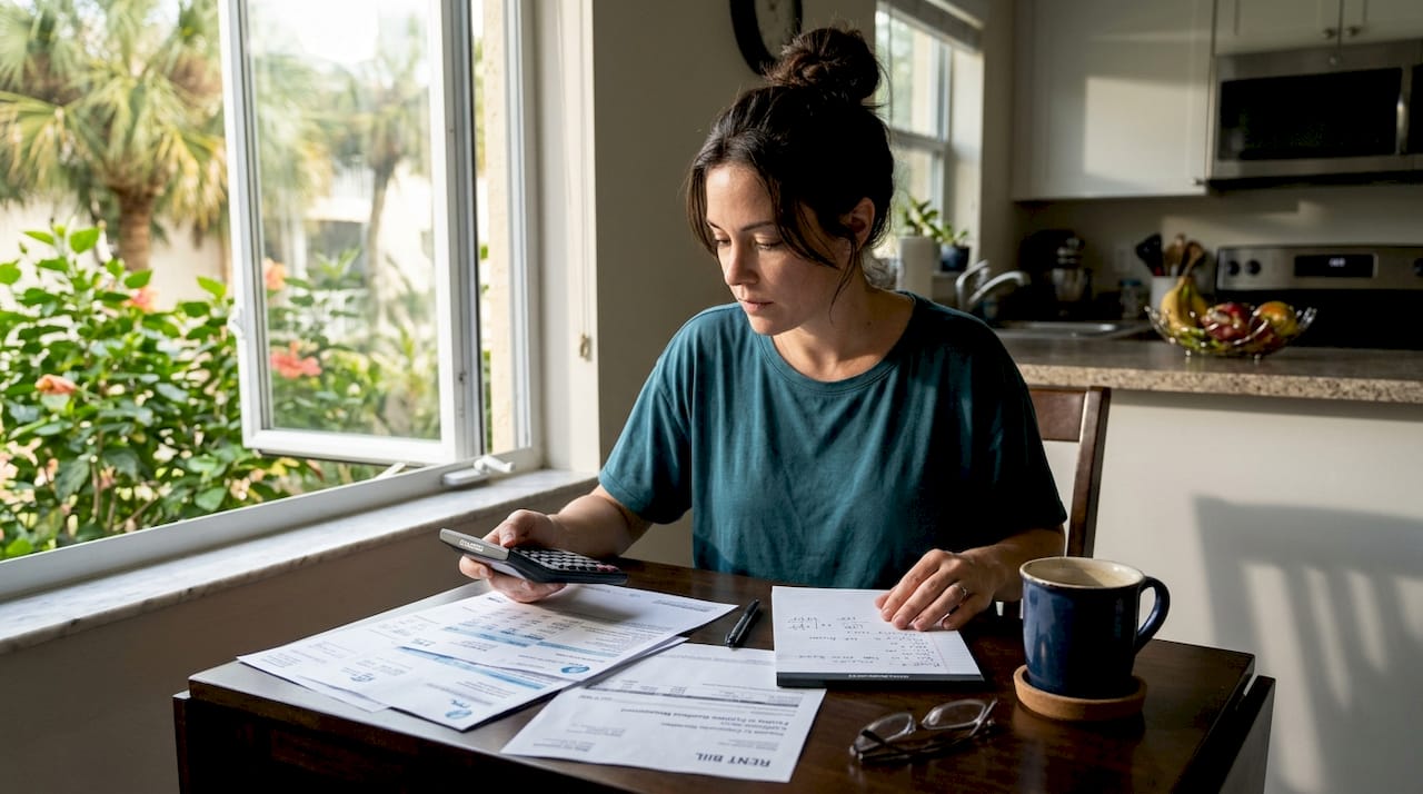 Renter budgeting monthly expenses at kitchen table