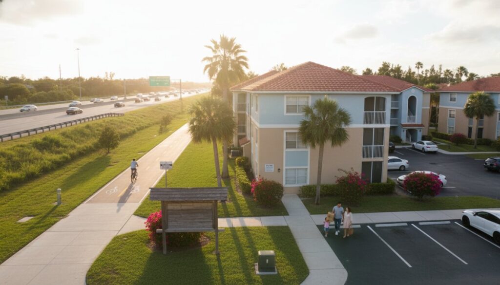 Aerial view of affordable apartments with red roofs near I-95 Boca at sunset. A cyclist rides on a sidewalk while a family walks towards the building, surrounded by palm trees and landscaped greenery.