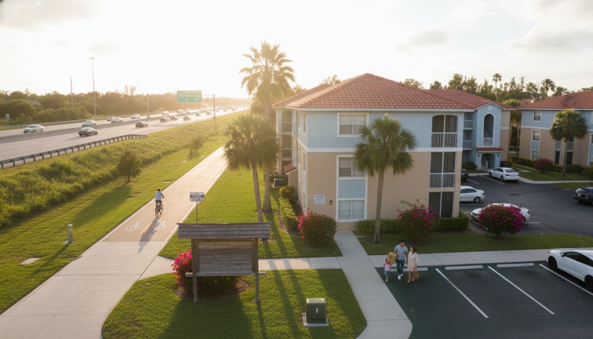 Aerial view of affordable apartments with red roofs near I-95 Boca at sunset. A cyclist rides on a sidewalk while a family walks towards the building, surrounded by palm trees and landscaped greenery.