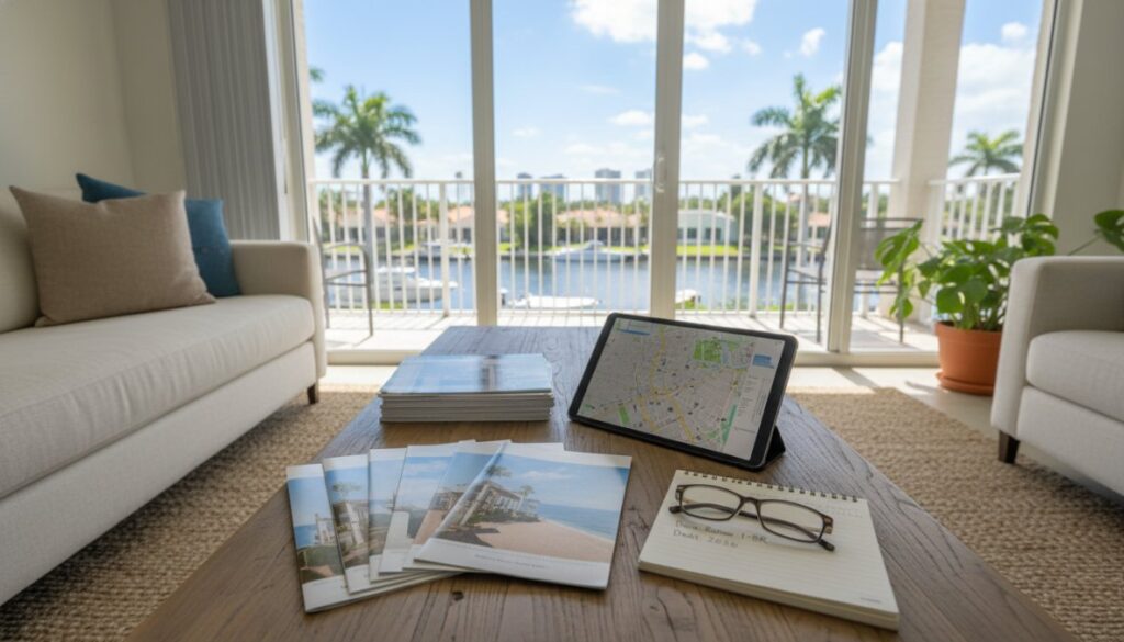 A bright living room with a coffee table holding real estate brochures for 2026 Apartment Deals Boca Raton, a notebook with glasses, and a tablet displaying a map. Large windows overlook a waterfront and palm trees outside.