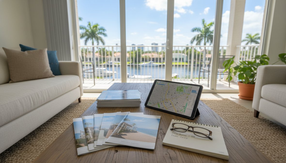 A bright living room with a coffee table holding real estate brochures for 2026 Apartment Deals Boca Raton, a notebook with glasses, and a tablet displaying a map. Large windows overlook a waterfront and palm trees outside.
