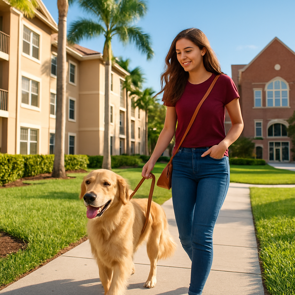 A young woman in a maroon shirt and jeans walks a happy golden retriever on a sunny sidewalk in a residential apartment complex with palm trees and green lawns.