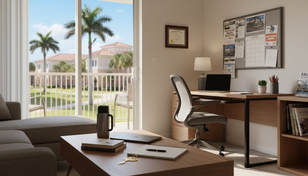 A bright, modern home office with a desk, laptop, and bulletin board. A coffee table holds notebooks and keys. Large windows open to palm trees—perfect for researching alternatives to student dorms or the 2026 Guide for student living near FAU.