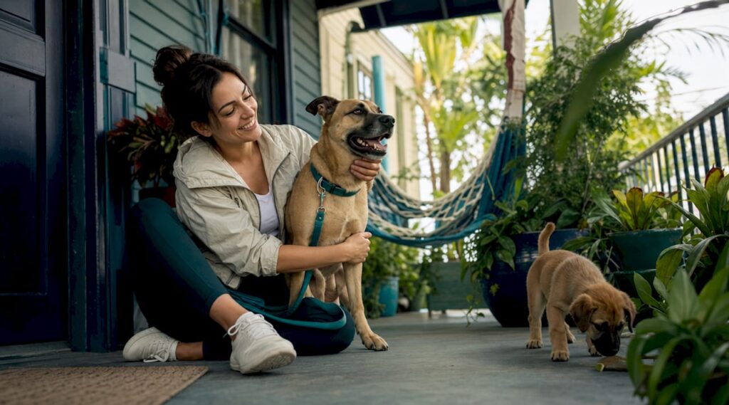 Pet owner with dog outside apartment entrance