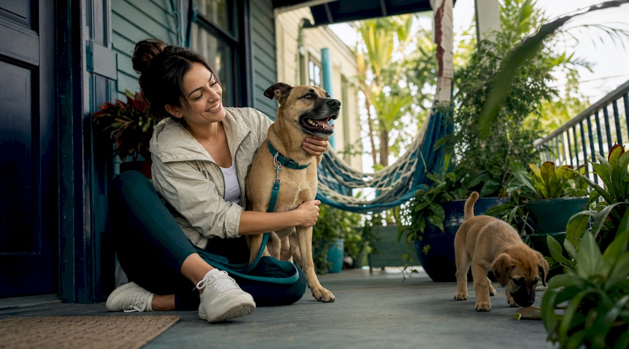 Pet owner with dog outside apartment entrance