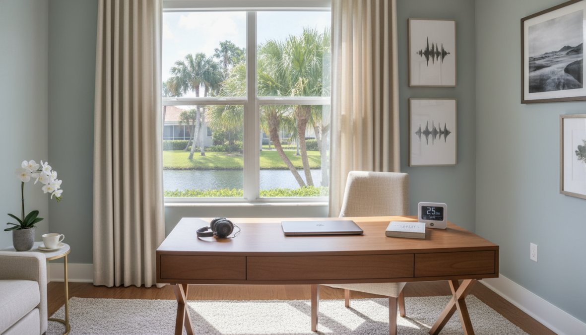 A modern home office in Boca Raton features a wooden desk facing a large window with views of a pond and palm trees. Perfect for professionals, the space includes a laptop, headphones, and framed art, topped off with beige curtains and a white chair.