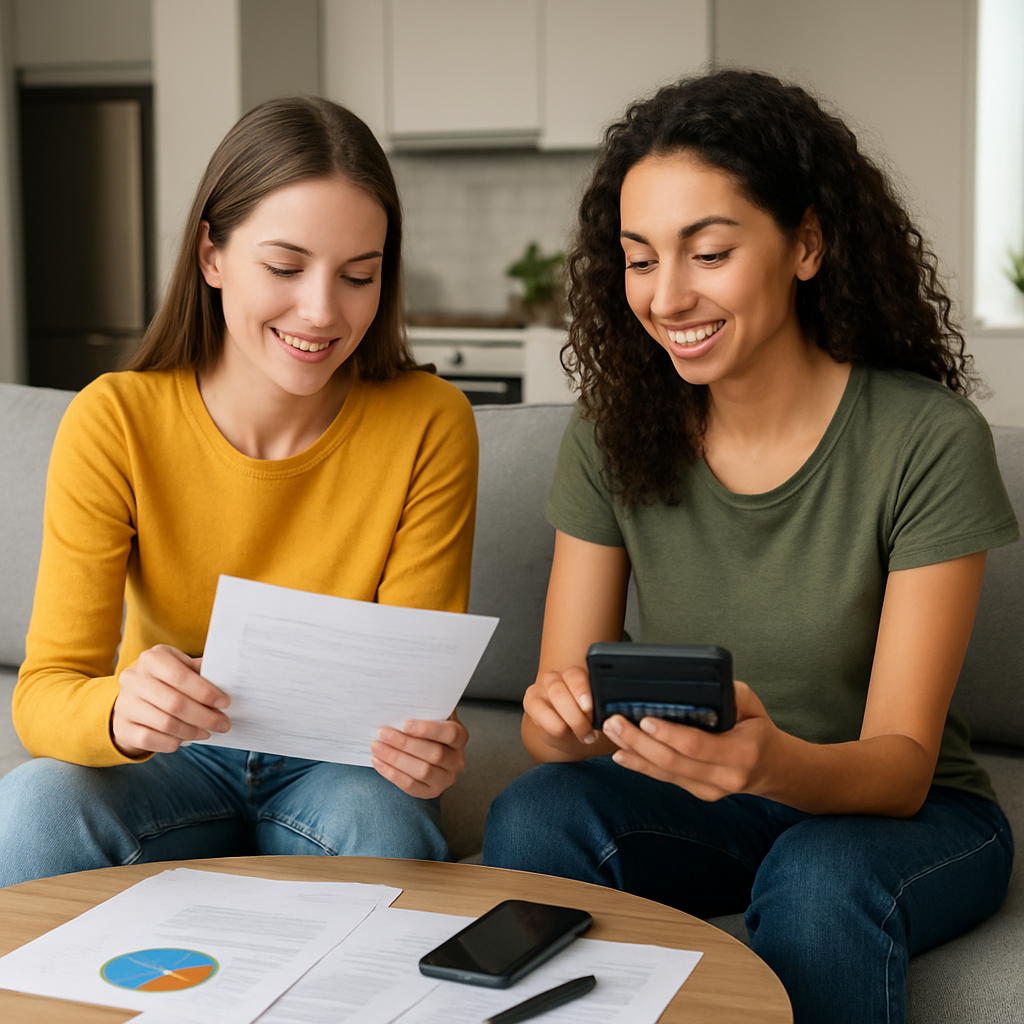 Two women sitting on a couch smiling while reviewing documents together. One holds papers, and the other uses a calculator. Papers and a smartphone are on the table in front of them in a cozy home setting.