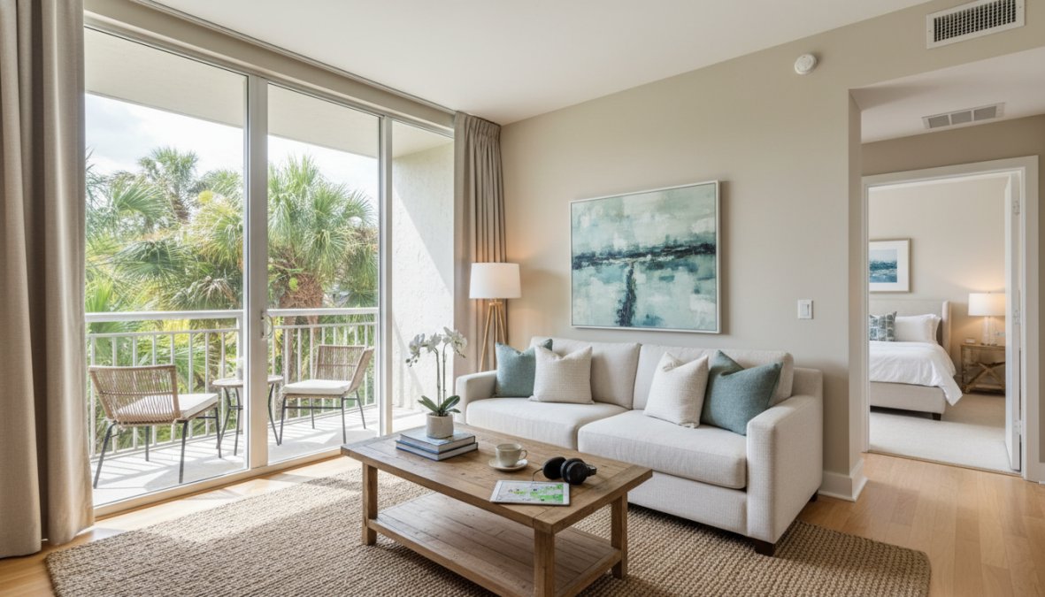 A bright living room in Boca Raton with a white sofa, coffee table, and large windows leading to a balcony with palm views. Enjoy quiet apartments featuring neutral colors, soft lighting, and an inviting bedroom through an open doorway.