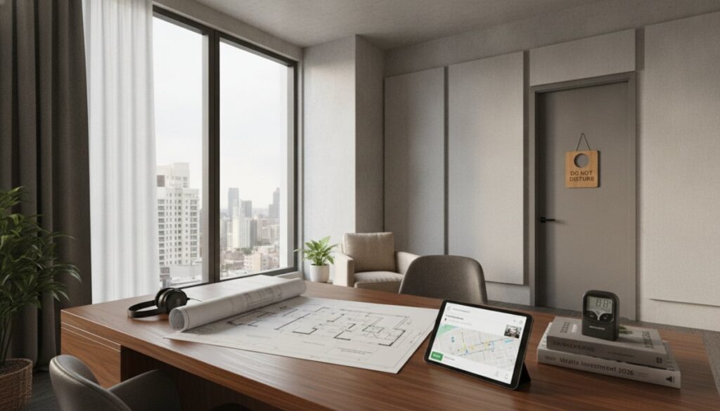 A modern office with a large window overlooking a cityscape. On the wooden desk are architectural plans, a digital tablet, books, and a plant—ideal for those seeking quiet rental units or using a rental guide 2026 to find quiet rentals.