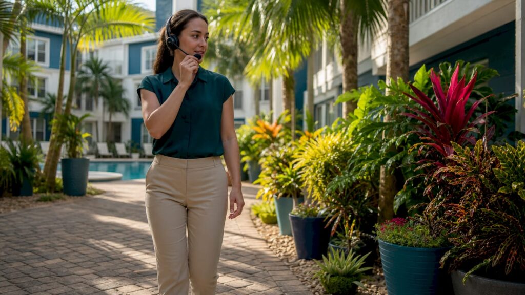 Leasing agent using voice assistance at desk