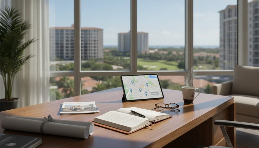 A modern office desk with an open notebook, pen, coffee mug, documents, glasses, and a tablet displaying a map—perfect for organizing your Renter's Guide to Private Apartments for Rent in Boca—set before windows overlooking high-rises and greenery.