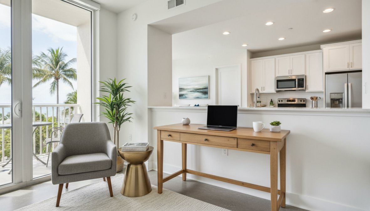 Bright modern home office in one of the finest Modern Apartments Boca Raton offers, featuring a wooden desk, laptop, gray armchair, and potted plant. White-cabinet kitchen and sliding doors reveal palm trees outside.