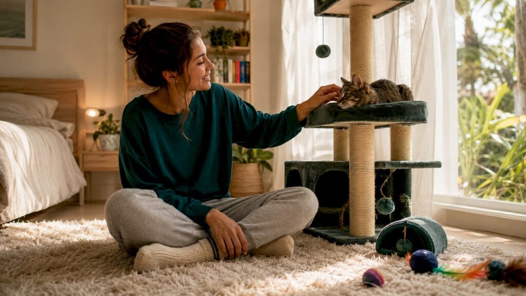 Woman petting cat in corner apartment