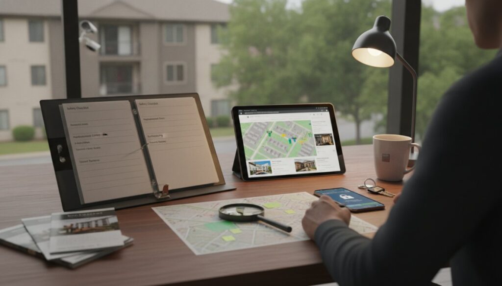 A person sits at a desk with a tablet, a foldable digital notepad, a smartphone, a map, documents, and a coffee mug, working by a window overlooking a safe apartment complex—perhaps reviewing an updated 2026 guide on apartment safety.