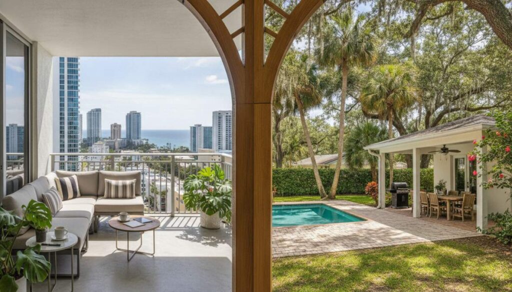 A stylish patio with a sofa and coffee table overlooks a cityscape and the ocean—perfect for apartment living Florida style. Through an arch, discover a backyard with a pool, lawn, and covered outdoor dining area.