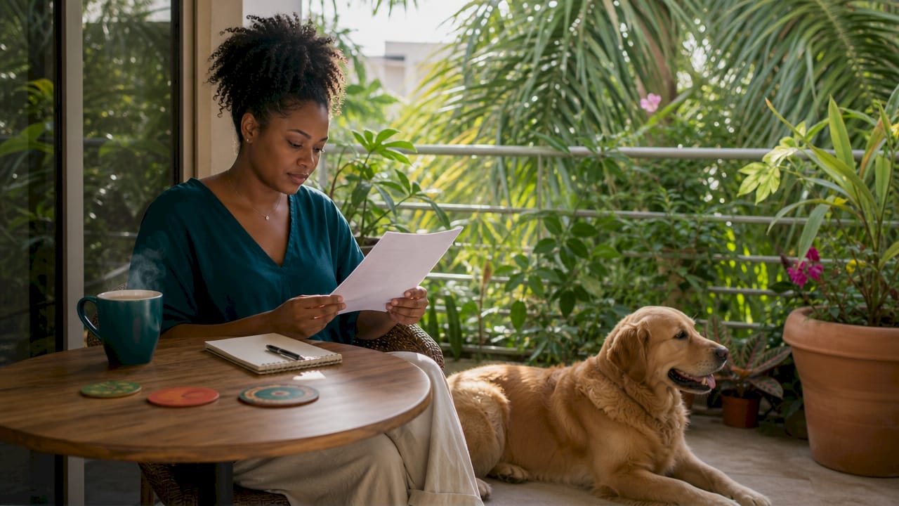 Pet owner reviewing renters insurance policy at home