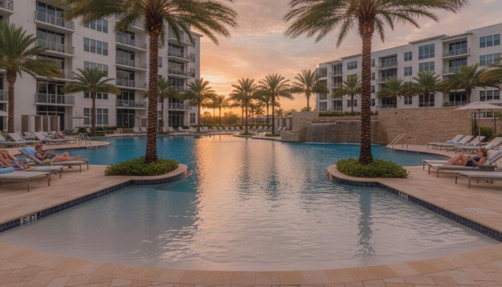 Resort Style Pool with lounge chairs, palm trees, and a waterfall feature, surrounded by modern Apartments Boca at sunset. Guests relax by the water under a colorful sky—one of the top picks for luxurious living.