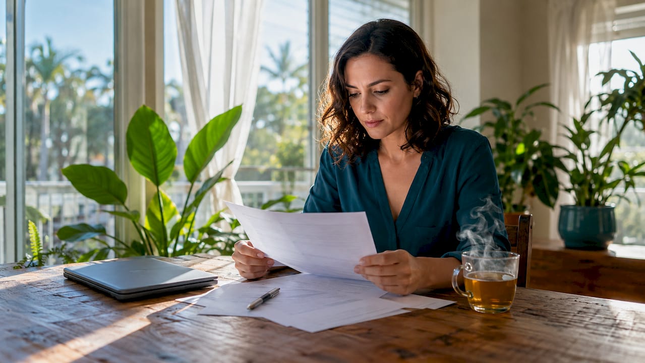 Tenant reading lease renewal document at table