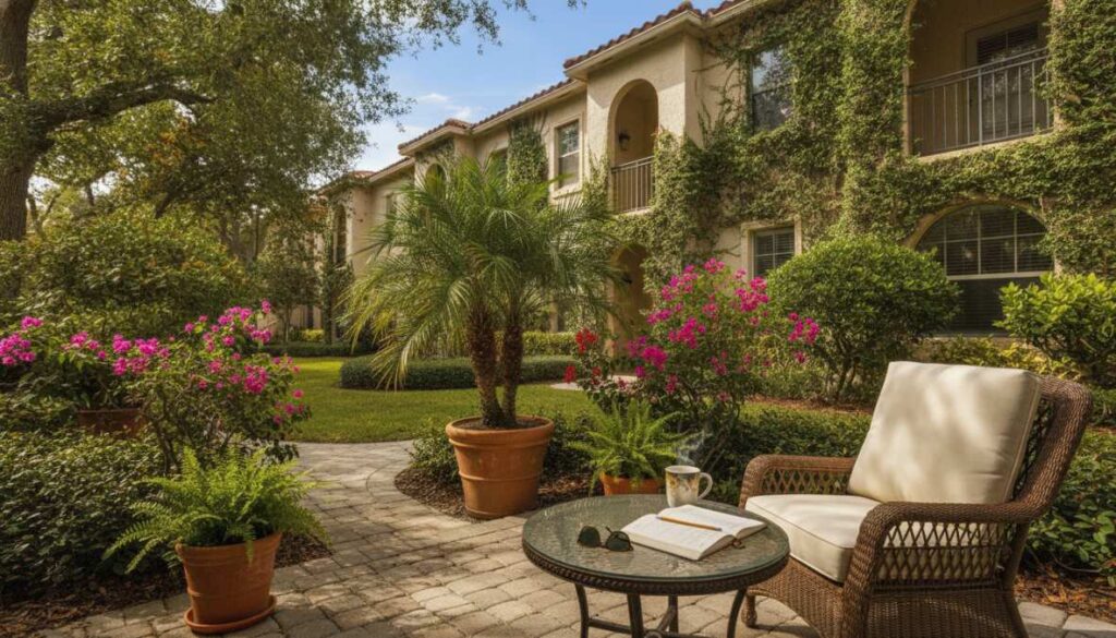 A cozy outdoor patio with a wicker chair and glass table, surrounded by potted plants and blooming flowers, overlooks Garden Style Apartments in Boca Raton, with an ivy-covered building in the background—perfect for your 2026 Guide.