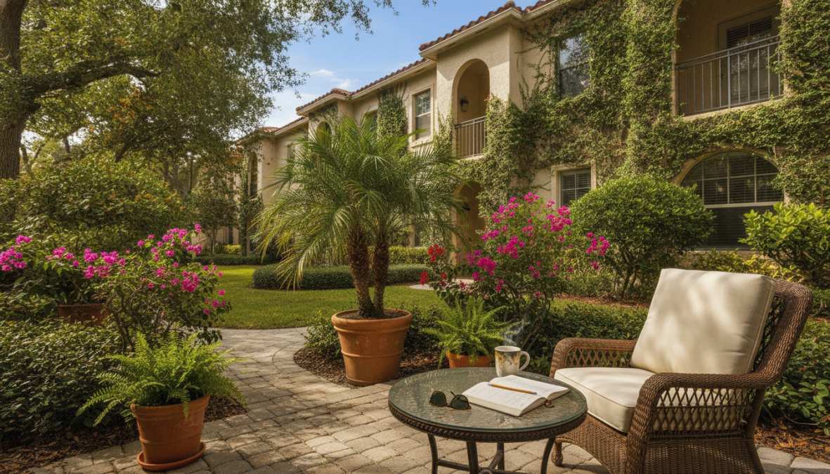 A cozy outdoor patio with a wicker chair and glass table, surrounded by potted plants and blooming flowers, overlooks Garden Style Apartments in Boca Raton, with an ivy-covered building in the background—perfect for your 2026 Guide.