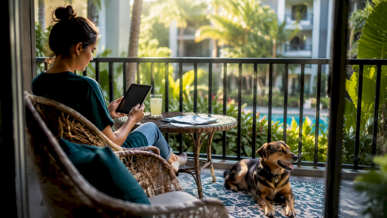 Person browsing pet-friendly apartments with dog at home