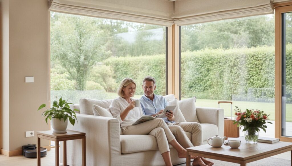 A smiling couple sits together on a white sofa in a bright living room with large windows, enjoying their maintenance free living. A green plant and vase of flowers decorate nearby tables, while a garden is visible outside.