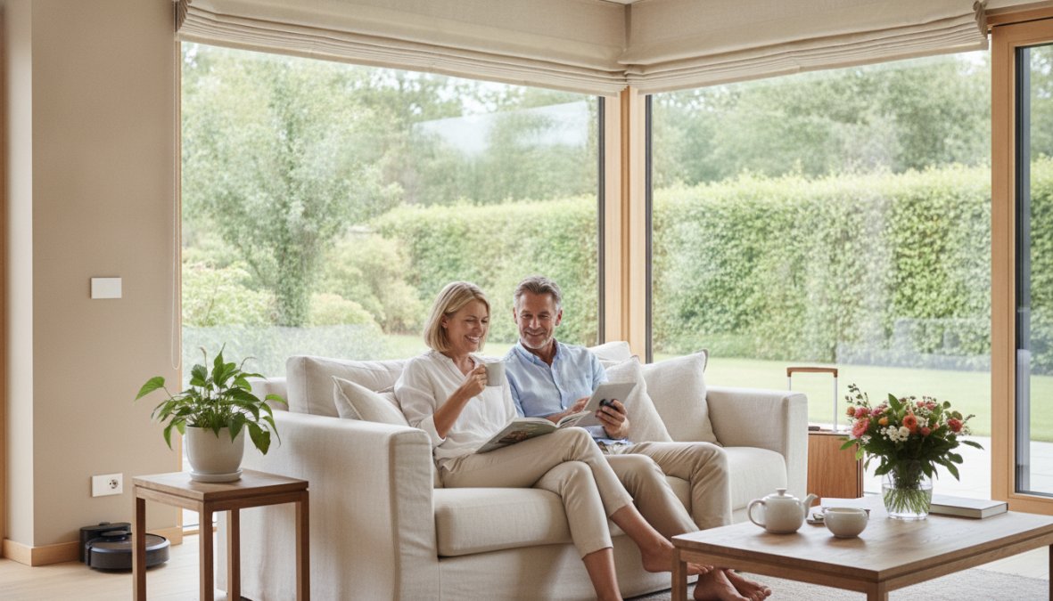 A smiling couple sits together on a white sofa in a bright living room with large windows, enjoying their maintenance free living. A green plant and vase of flowers decorate nearby tables, while a garden is visible outside.